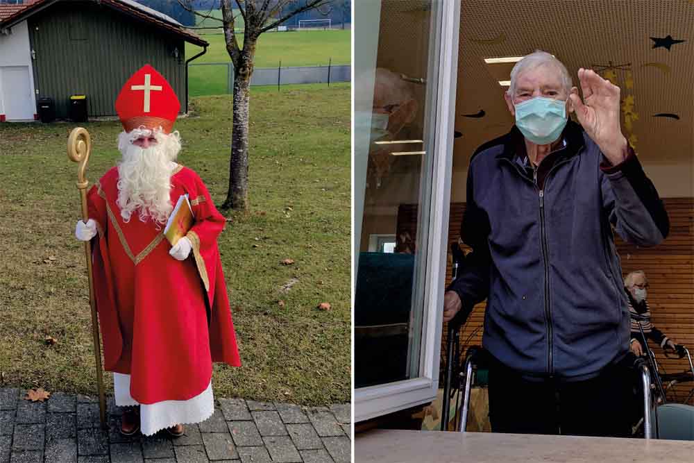 Die beiden Bilder sagen mehr als tausend Worte: Der Nikolaus musste bei seinem Besuch in der Tagespflege die gebotene Distanz wahren und im Freien bleiben. Die Tagesgäste, wie hier Hermann Bartlreier, grüßten mit einem freundlichen Winken zurück. (Bilder: M. Heider, Tagespflege)